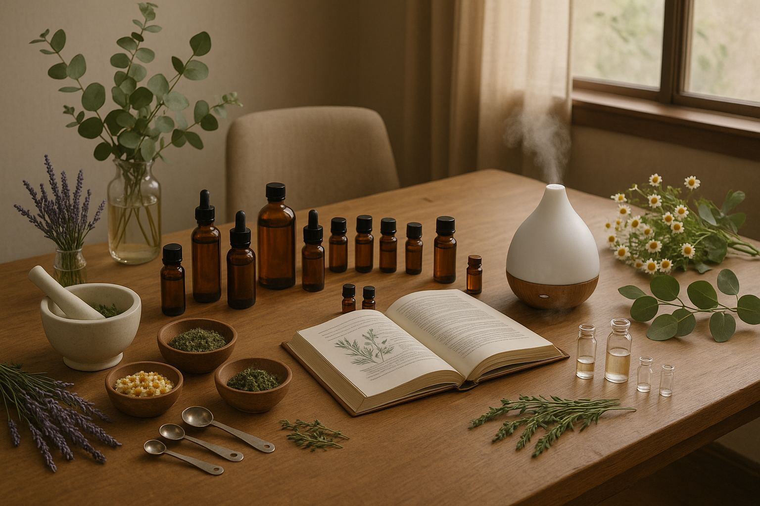 Herbal apothecary table with amber bottles diffuser open herb book and botanicals for herbal and essential oil consultations