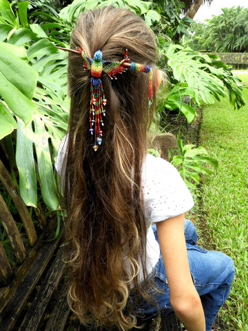 Pichincha - Beaded Hummingbird Seed Bead Fringe Barrette Hair Stick