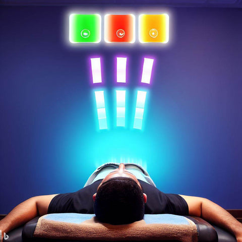 Person lying down receiving a colorful energy healing Access Bars session with glowing light symbols above