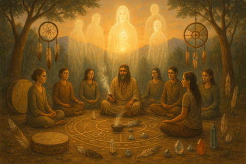 Sundance Shaman Healing session depicting a group meditating with spiritual figures and crystals for Ancestral Healing
