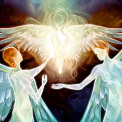 Spiritual artwork depicting an angel healing session with glowing angelic figures and radiant light