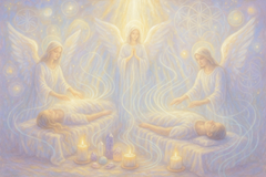 Spiritual angel healing session with three angels surrounding two people lying on massage tables surrounded by glowing light and candles