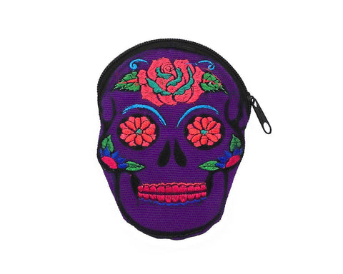 Pichincha - Sugar Skull Face Embroidered Floral Suede Coin Purse Pouch