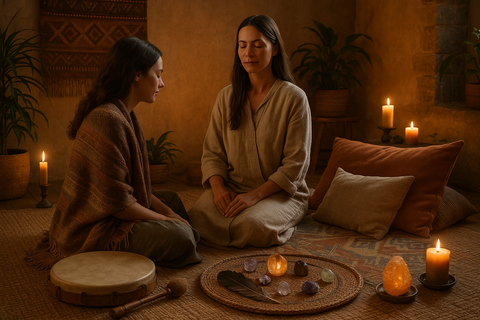 Sundance Shaman Healing Session with two women meditating during Harner shamanic counseling sessions surrounded by candles and crystals