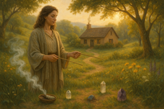 Woman practicing property home dowsing and cleansing in a peaceful forest clearing near a cabin