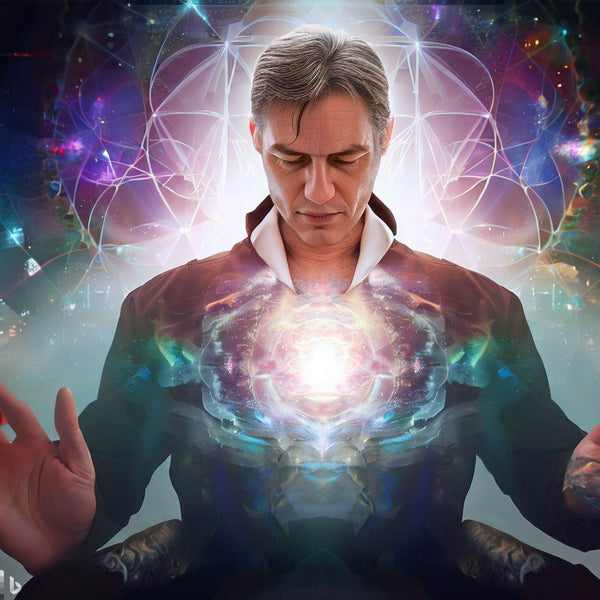 Man meditating surrounded by cosmic light representing reconnective healing session energy