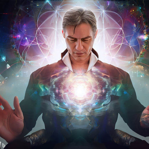 Man meditating surrounded by cosmic light representing reconnective healing session energy
