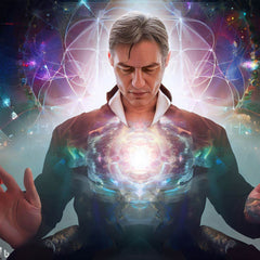 Man meditating surrounded by cosmic light representing reconnective healing session energy