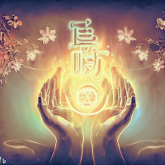 Hands glowing with energy surrounded by mystical symbols and flowers representing a Reiki healing session