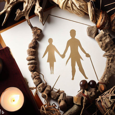 Shaman healing setup with natural elements and paper cutout of two figures representing shamanic ancestral healing