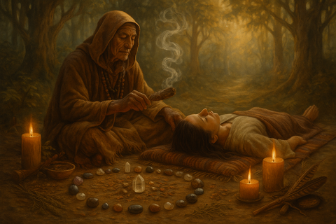 Shaman performing shamanic ritual healing with smoke and crystals in a forest setting