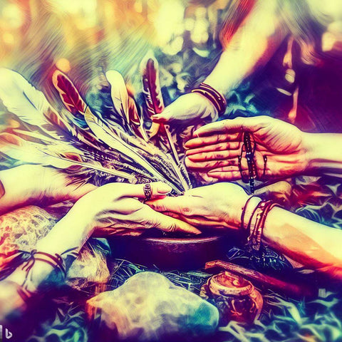 Hands holding feathers and beads during a shamanic ritual healing with natural elements surrounding