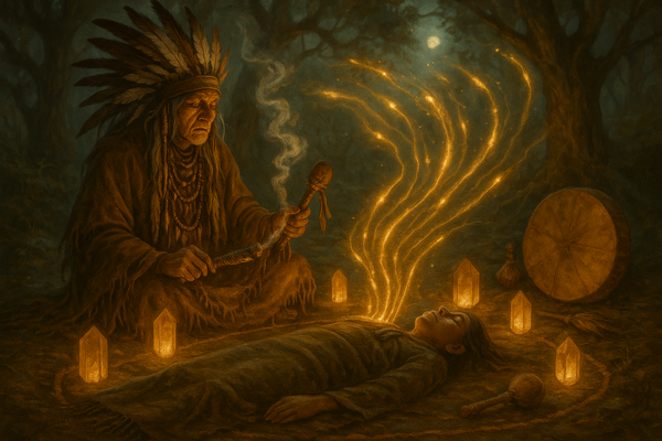 Shaman healing ceremony with glowing soul retrieval energy rising from a person lying on the ground surrounded by crystals