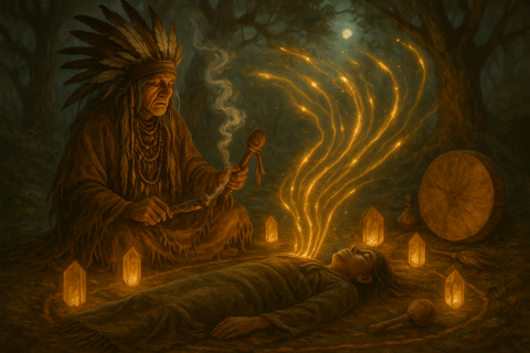 Shaman healing ceremony with glowing soul retrieval energy rising from a person lying on the ground surrounded by crystals