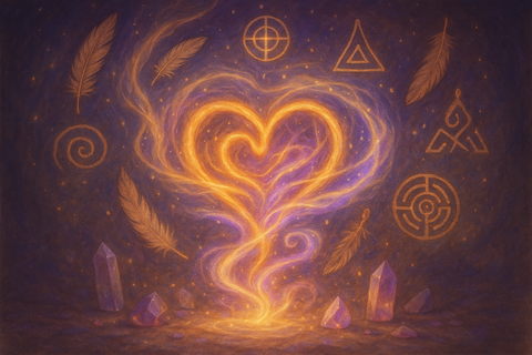 Sundance Shaman Healing Session artwork depicting spiritual curse unraveling with glowing heart and mystical symbols