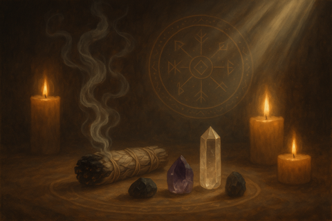 Shaman healing setup with smudging stick, crystals, and candles for spiritual curse unraveling session