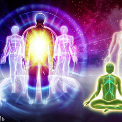 Spiritual energy healing artwork representing past life healing sessions with glowing human figures and light auras