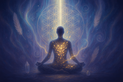 Meditative figure glowing with golden light during a soul retrieval session in shaman healing