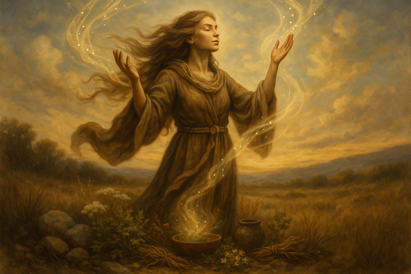 Whispers in the Winds : Explore our Relationship with Earth and Sky   make it a picture of a woman healer