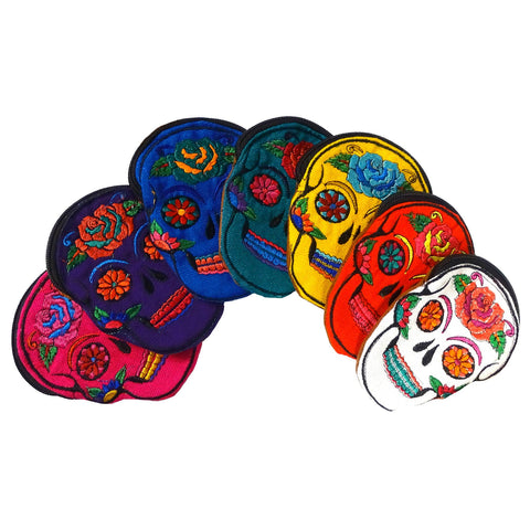 Pichincha - Sugar Skull Face Embroidered Floral Suede Coin Purse Pouch