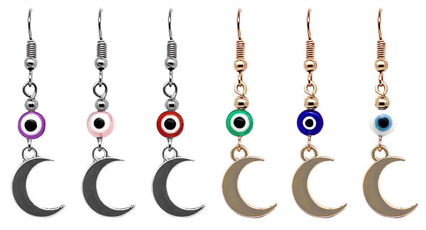 Pichincha - Evil Eye Bead Metal Crescent Moon Charm Dangle Earrings