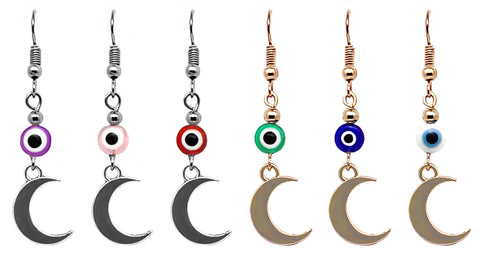 Pichincha - Evil Eye Bead Metal Crescent Moon Charm Dangle Earrings