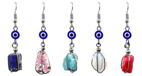 Pichincha - Evil Eye Bead Metal Wire Wrapped Raw Stone Dangle Earrings