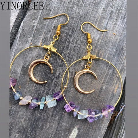 Bohemia Witch Moon Rainbow Fluorite Hoop Earrings Dangle Jewelry Healing Halloween Statement Delicacy Fashion Jewelry Women Gift