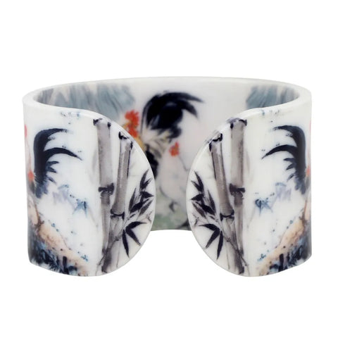 Bonsny Plastic Chinese Pastoral Chicken Painting Bangles Bracelets Fashion Ethnic Vintage Craft Jewelry For Women Girls Ladies