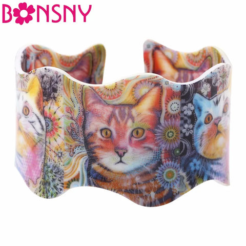 Bonsny Wide Love Cat Pattern Bangles Bracelet Fashion Acrylic Animal Jewelry For Women 2017 New Spring Summer Girls Accessories