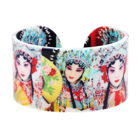 Bonsny Plastic Chinese Peking Opera Actress Painting Bangles Bracelets Fashion Vintage Craft Jewelry For Women Girls Ladies Gift