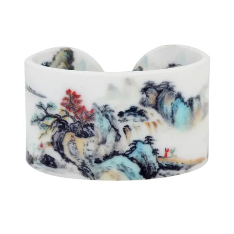 Bonsny Plastic Floral Chinese Mountain Landscape Vintage Bangles Bracelets Fashion Ethnic Craft Jewelry For Women Girls Ladies