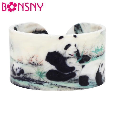 Bonsny Plastic Happy Panda Bamboo Painting Bangles Bracelets Fashion Ethnic Craft Jewelry For Women Girls Souvenir Kid Gift Bulk