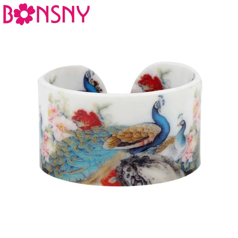 Bonsny Plastic Chinese Classical Peacock Painting Bangles Bracelets Fashion Vintage Craft Jewelry For Women Girls Ladies Gift