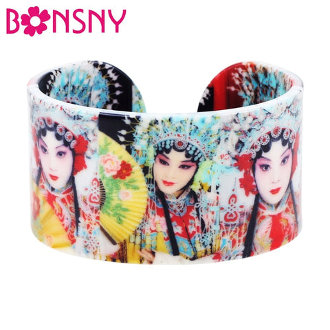 Bonsny Plastic Chinese Peking Opera Actress Painting Bangles Bracelets Fashion Vintage Craft Jewelry For Women Girls Ladies Gift