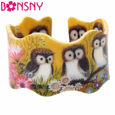 Bonsny Wide Little Owl Pattern Love Bangles Bracelet Jewelry For Women 2017 New Animal Jewelry Summer Accessories Gifts Bijoux