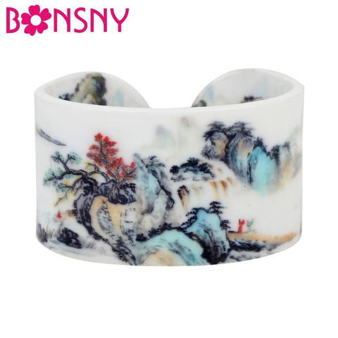 Bonsny Plastic Floral Chinese Mountain Landscape Vintage Bangles Bracelets Fashion Ethnic Craft Jewelry For Women Girls Ladies