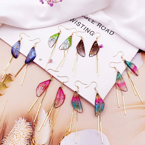 Minar Handmade Gradient Rainbow Resin Butterfly Long Tassel Earring for Women Bling Flake Glitter Simulation Wings Drop Earrings