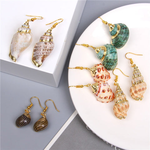 Summer Spiral Shell Drop Earrings Natural Shell Conch Earrings Hanging Pendant Statement Eardrop Cowrie Dangler Women Jewelry