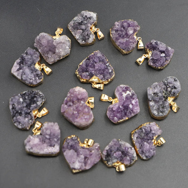 Brand New Natural Amethysts Stone Pendants Raw Ore Purple Crystal Heart Necklace Charms Jewelry Making Gem Wholesale Supplier
