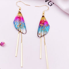 Minar Handmade Gradient Rainbow Resin Butterfly Long Tassel Earring for Women Bling Flake Glitter Simulation Wings Drop Earrings