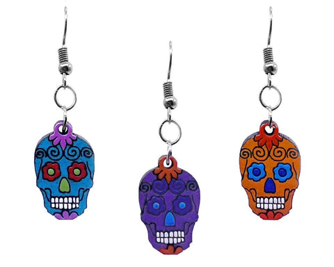 Pichincha - Wooden Day of the Dead Sugar Skull Dangle Earrings