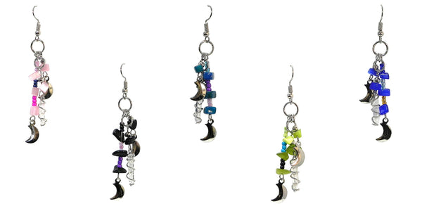 Pichincha - Crystal Moon Charm Beaded Chip Stone Long Dangle Earrings